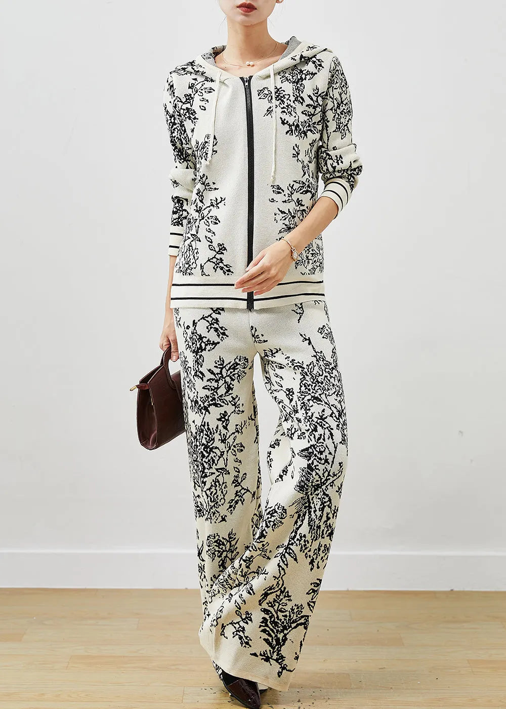 Style White Hooded Print Knit Sets 2 Pieces Spring