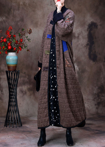 Chocolate O-neck Patchwork Applique Fine Cotton Filled Witner Coat Long Sleeve