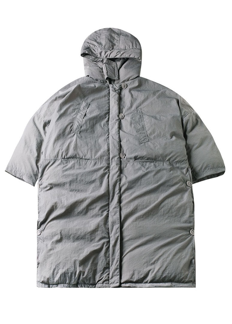Grey Hooded Pockets Side Open Thick Winter Cotton Coat