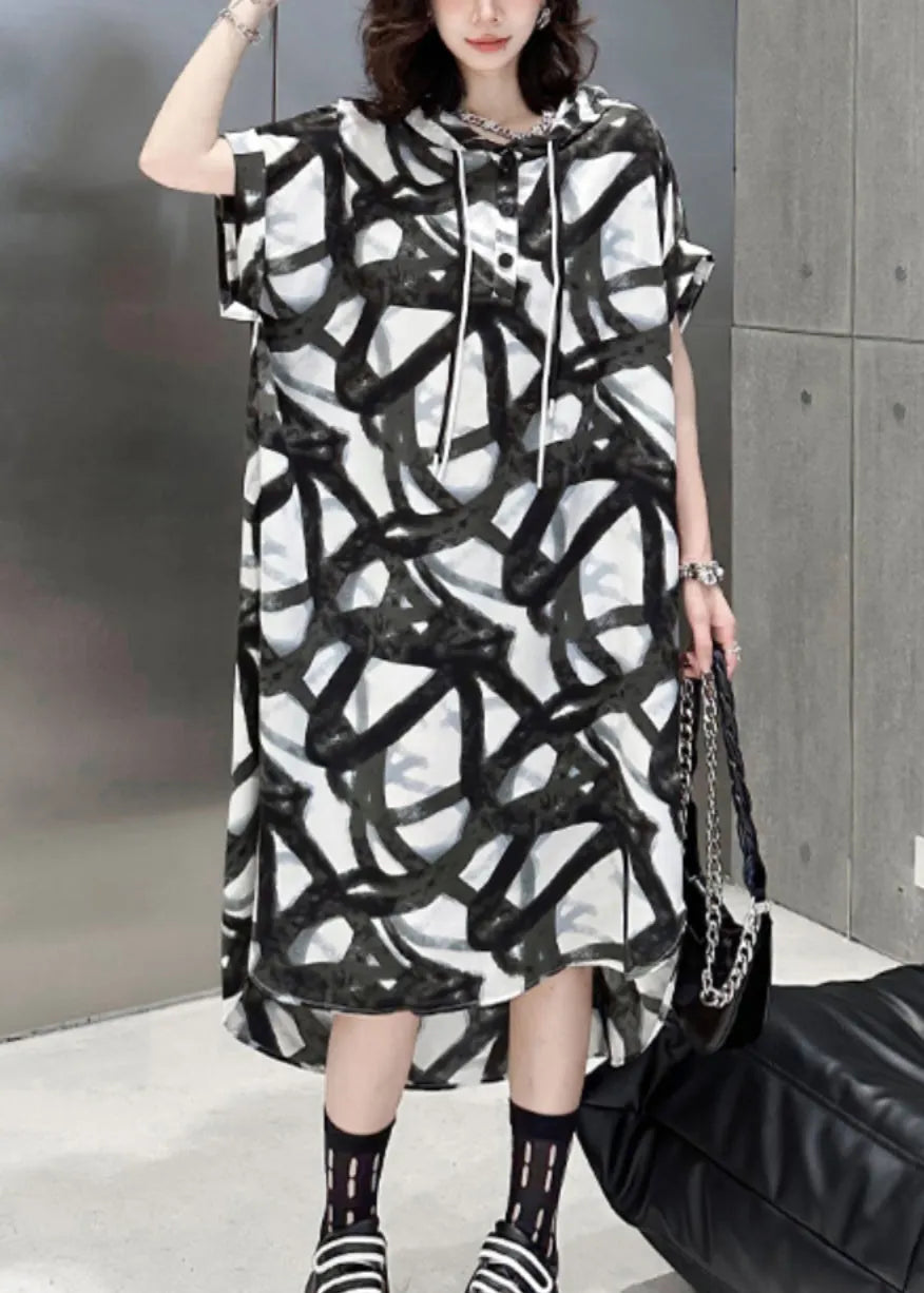 Black Hooded Print Patchwork Silk Cotton Long Dress Summer