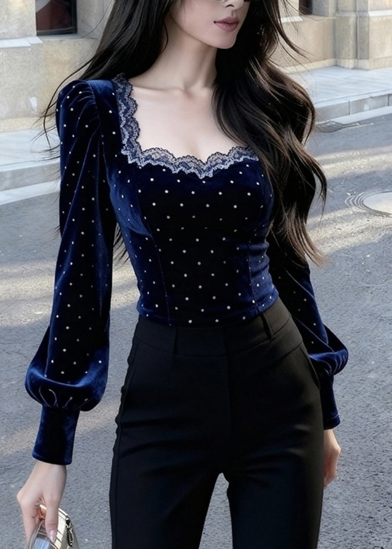 Blue Square Collar Lace Patchwork Silk Velour Tops Spring