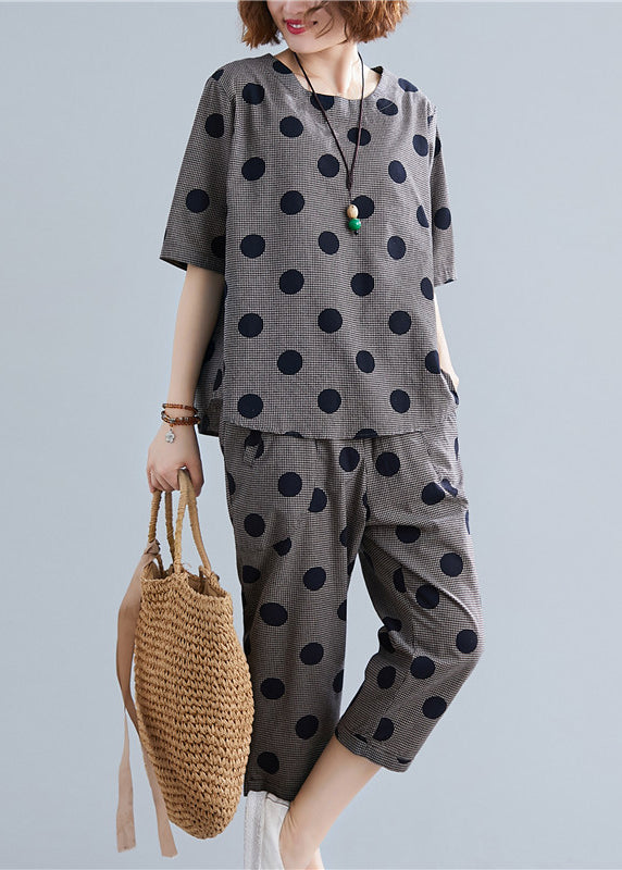 Black O-neck Button Plaid Dot Cotton Top Elastic Waist Pants Two Pieces Set Half Sleeve