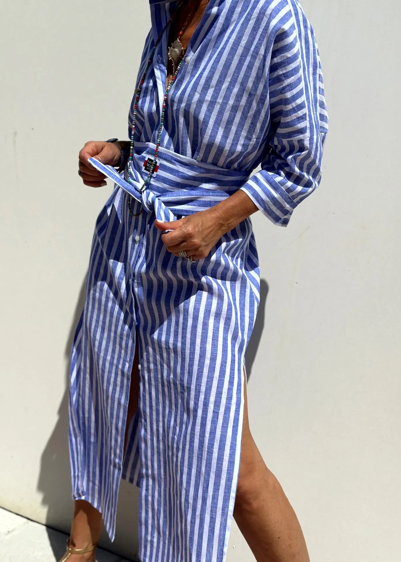 Blue Striped Patchwork Side Open Long Shirts Dress Bracelet Sleeve