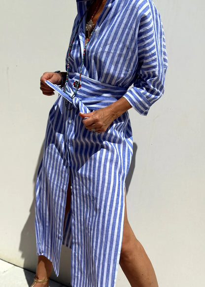 Blue Striped Patchwork Side Open Long Shirts Dress Bracelet Sleeve
