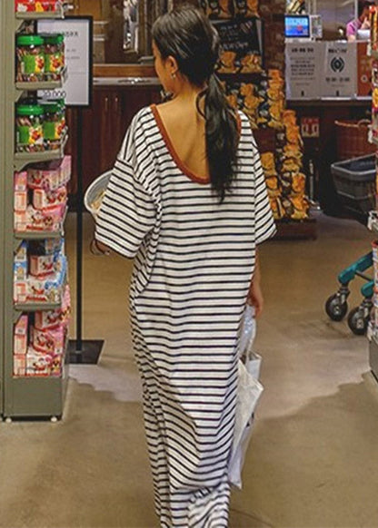 Unique Photo Color O-neck Striped Cotton Long Dresses Half Sleeve