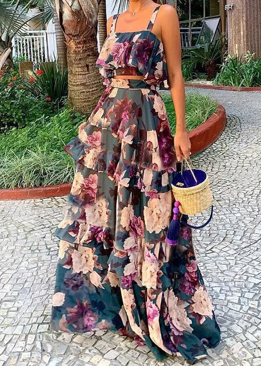 New Photo Color Print Tank and Skirts Two Pieces Set Sleeveless Summer