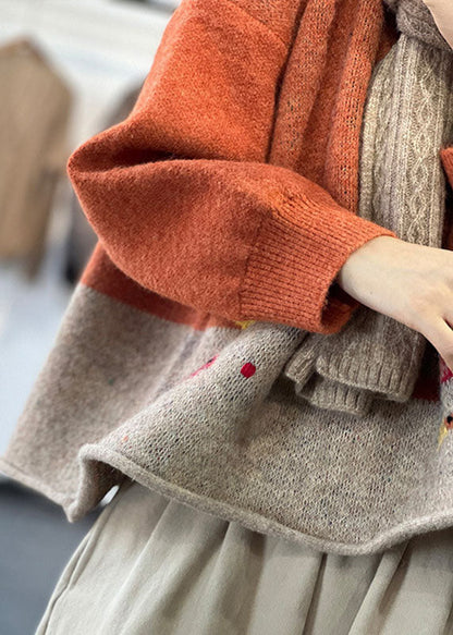 Orange O-neck Oversized Cartoon Print Knitted Tops Winter