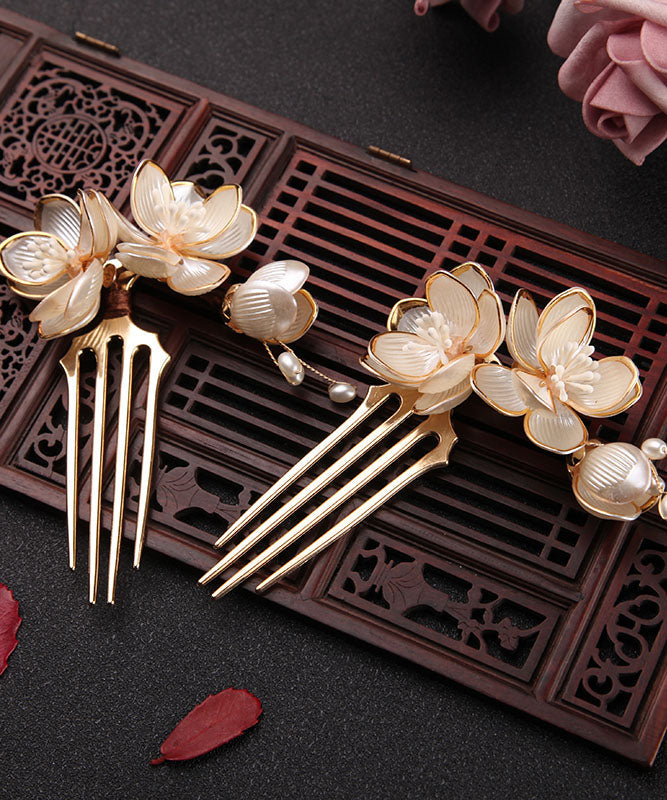 Gold a Pair Alloy Acrylic Pearl Lotus Hairpin