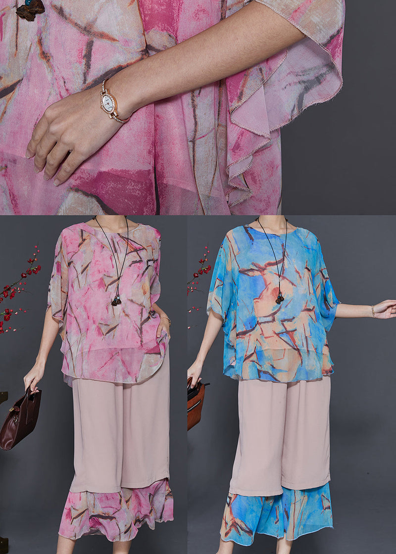 Blue Patchwork Chiffon Sets 2 Pieces Oversized Summer