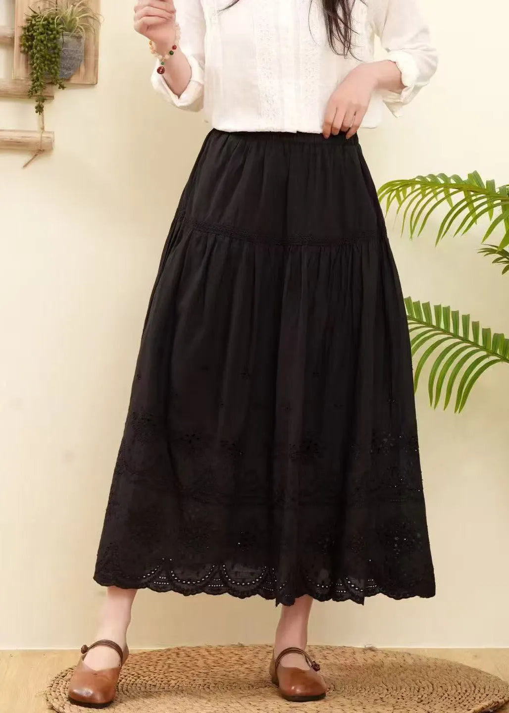Rose Embroidered Hollow Out Cotton Skirts Summer