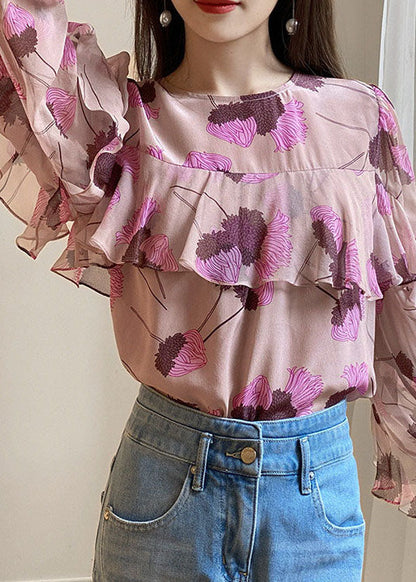 Pink Ruffled O-neck Print Patchwork Chiffon Shirt Long Sleeve