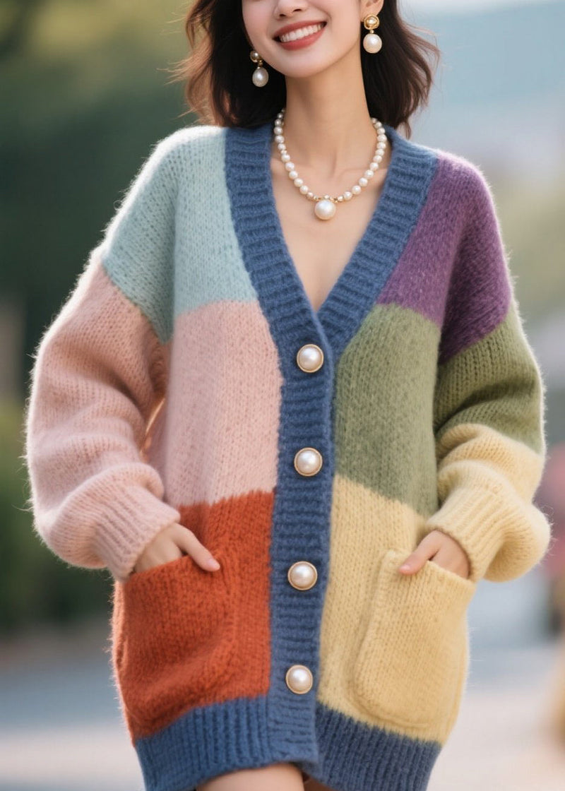 Colorblock Button Pockets Patchwork Knit Cardigan Fall