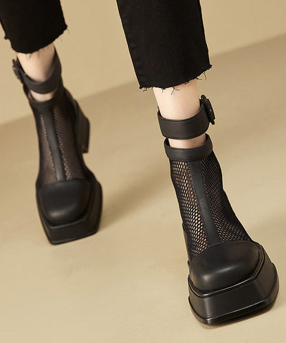 Black Faux Leather Hollow Out Sandals Boots