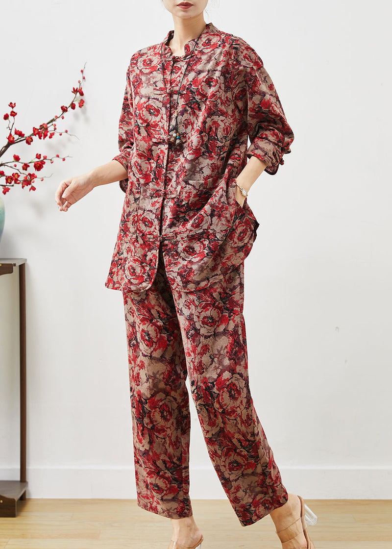 Red Print Chinese Button Linen Two Pieces Set Spring