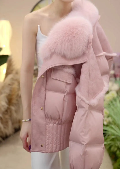 Pink Fur Collar Button Patchwork Duck Down Puffer Jacket Winter