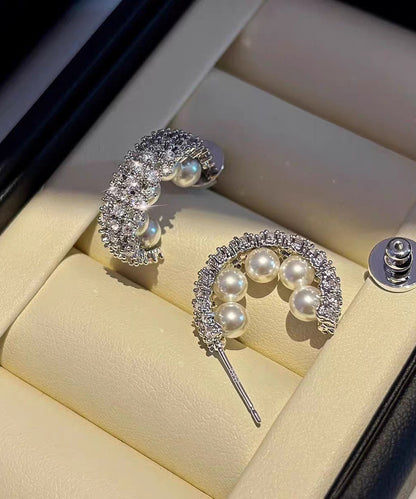 Stylish Silk Sterling Silver Zircon Pearl Hoop Earrings