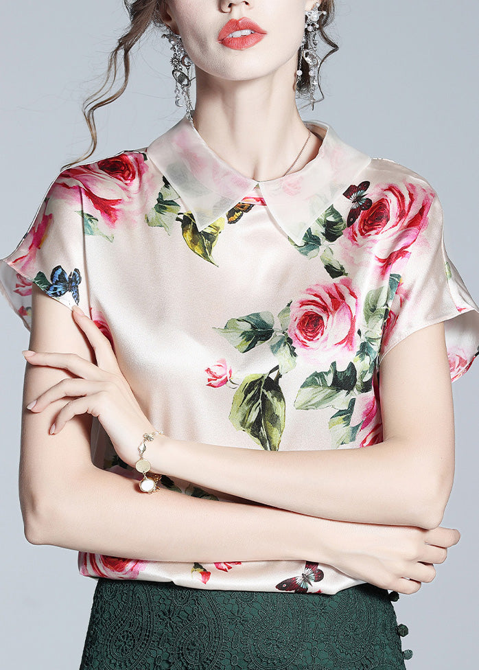 Italian Pink Peter Pan Collar Print Silk Tops Short Sleeve Summer