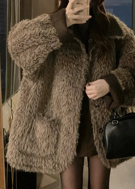 Coffee Peter Pan Collar Button Wear on Both Sides Thick Leather and Fur Coats Winter