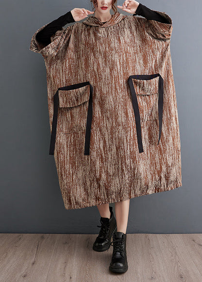 Khaki Oversized Big Pockets Cotton Long Dress Spring