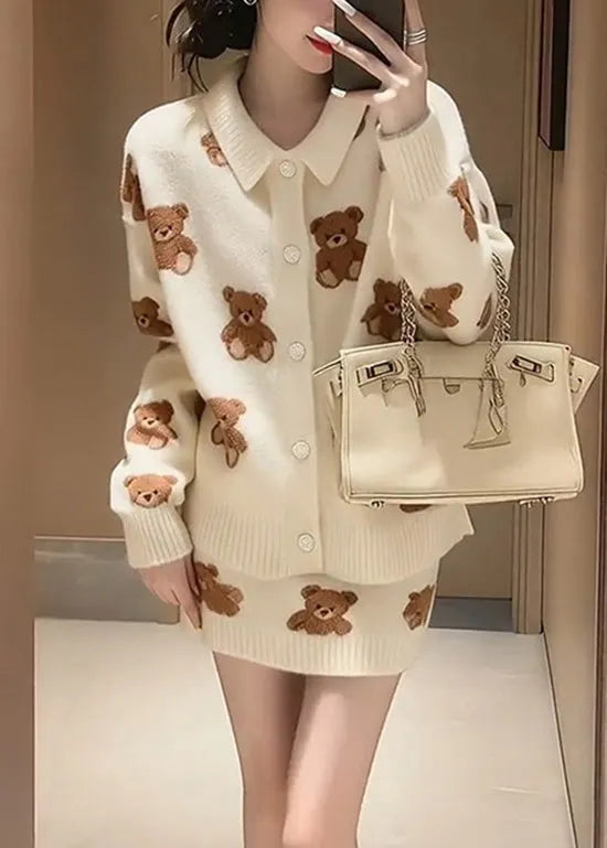 Winter White Cartoon Jacquard Knitted Sweater and Skirt Set