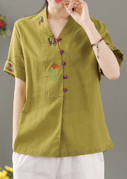 Yellow V Neck Embroideried Button Shirt Short Sleeve