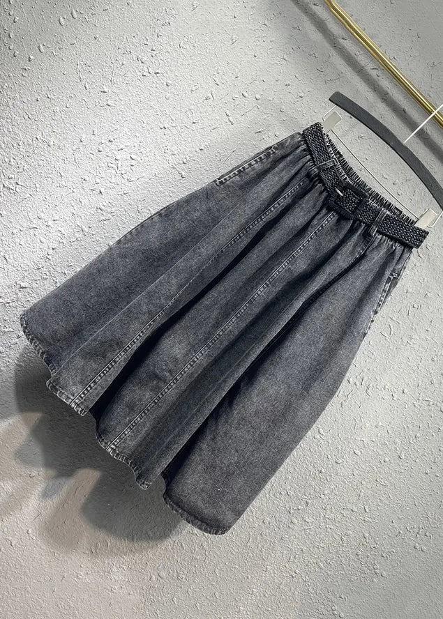 Black Gray Elastic Waist Pleated Pocket Denim Skirt Autumn