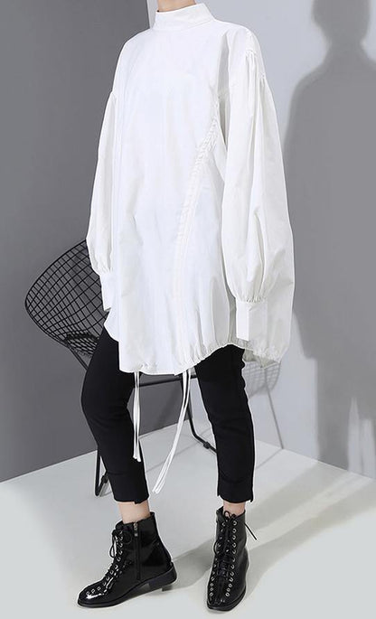 Lantern Sleeve Woman Style Black White Hipster Blouse Shirt