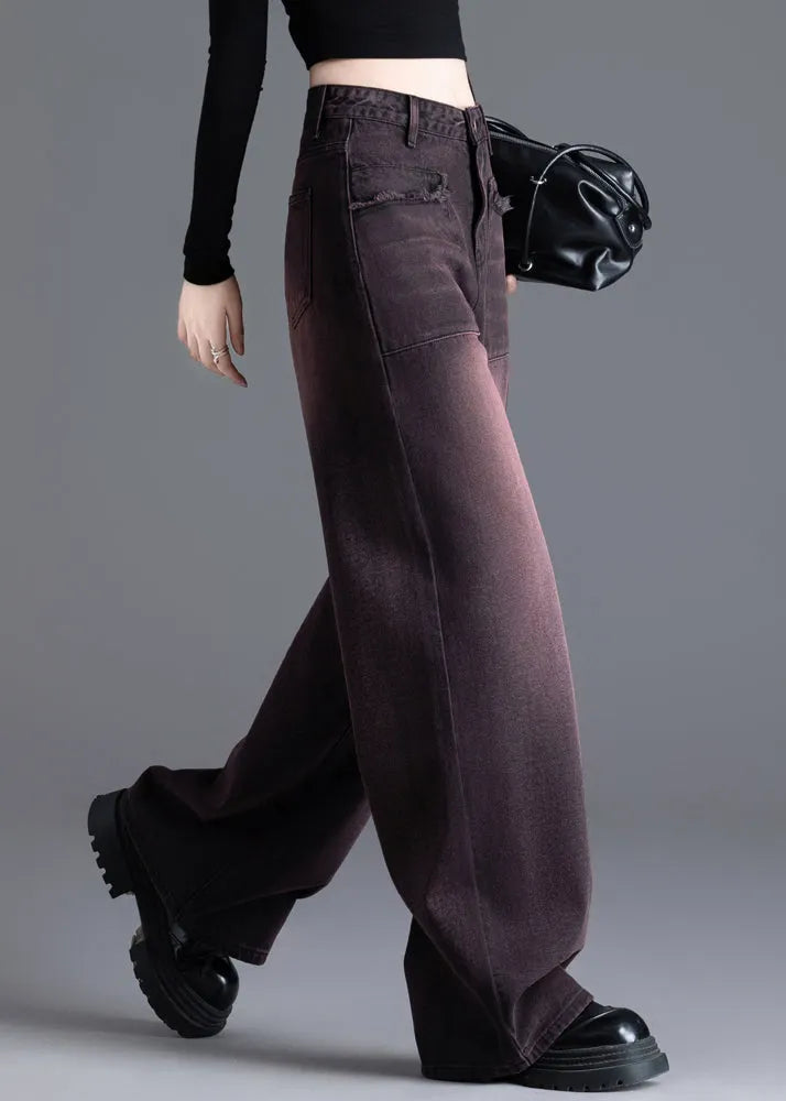 American Style Red Black High Waisted Warm Fleece Denim Wide Leg Pants Winter