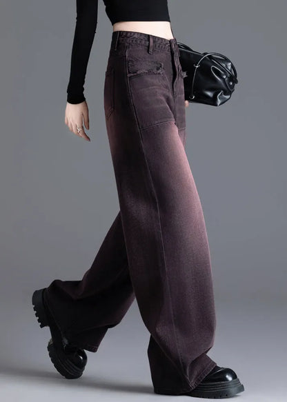 American Style Red Black High Waisted Warm Fleece Denim Wide Leg Pants Winter