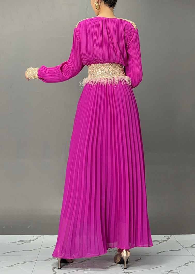 Purple V Neck Long Dresses Lantern Sleeve