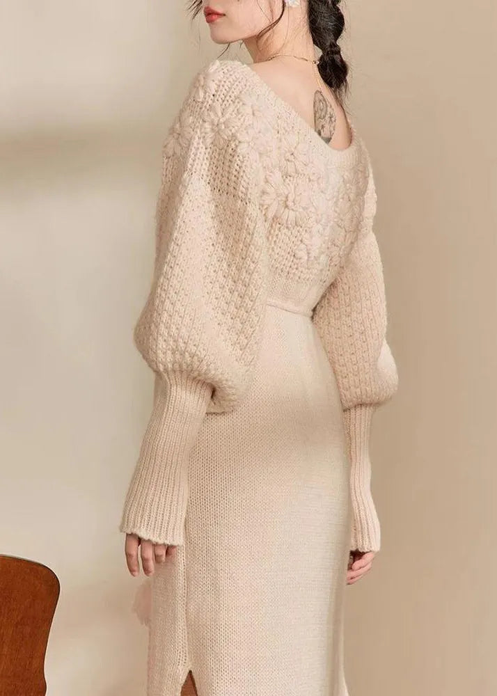 Style Beige Cold Shoulder Tie Waist Cotton Knit Long Dress Winter