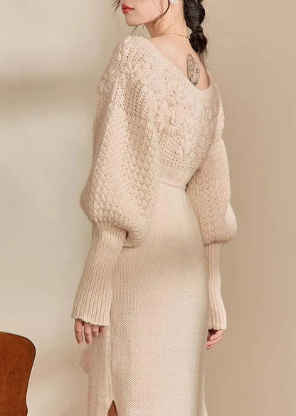 Style Beige Cold Shoulder Tie Waist Cotton Knit Long Dress Winter