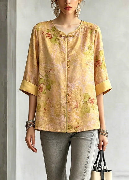 Yellow O-neck Print Shirt Three Quarter Sleeve