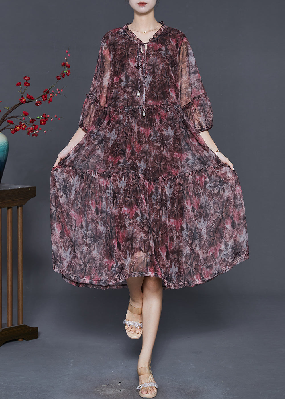 Red Ruffled Print Chiffon Vacation Dresses Summer