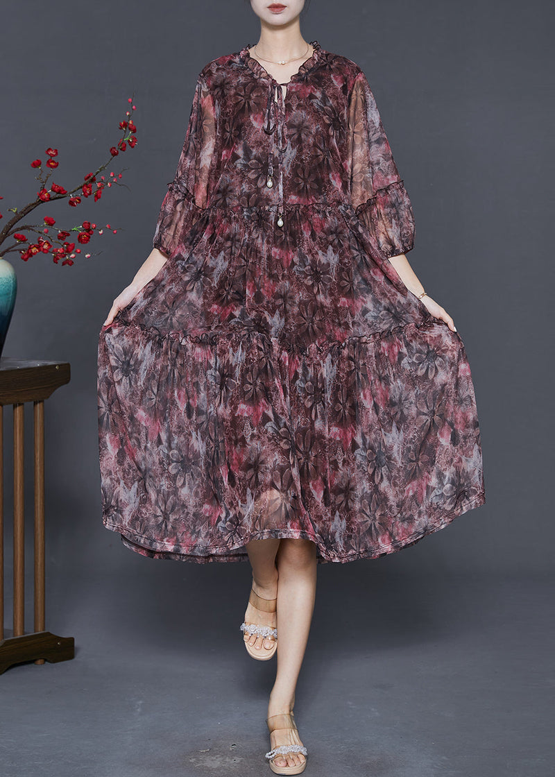 Red Ruffled Print Chiffon Vacation Dresses Summer