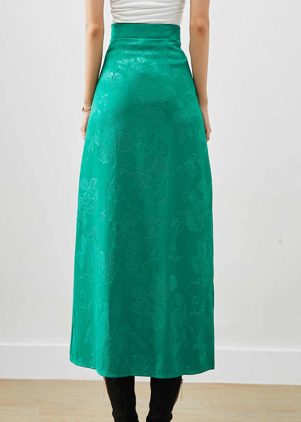 Green Jacquard Chinese Button Silk Wraped Skirt Fall