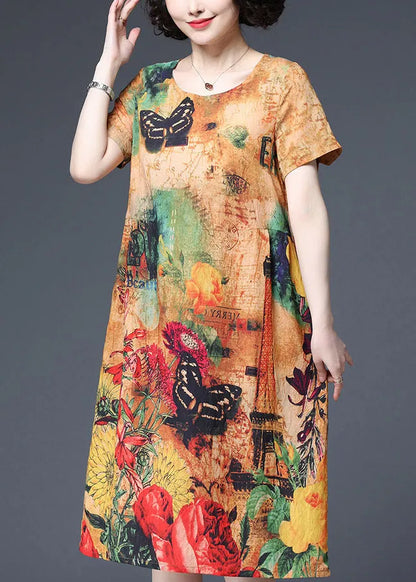Butterfly Print O-neck Cotton Dress Short Sleeve
