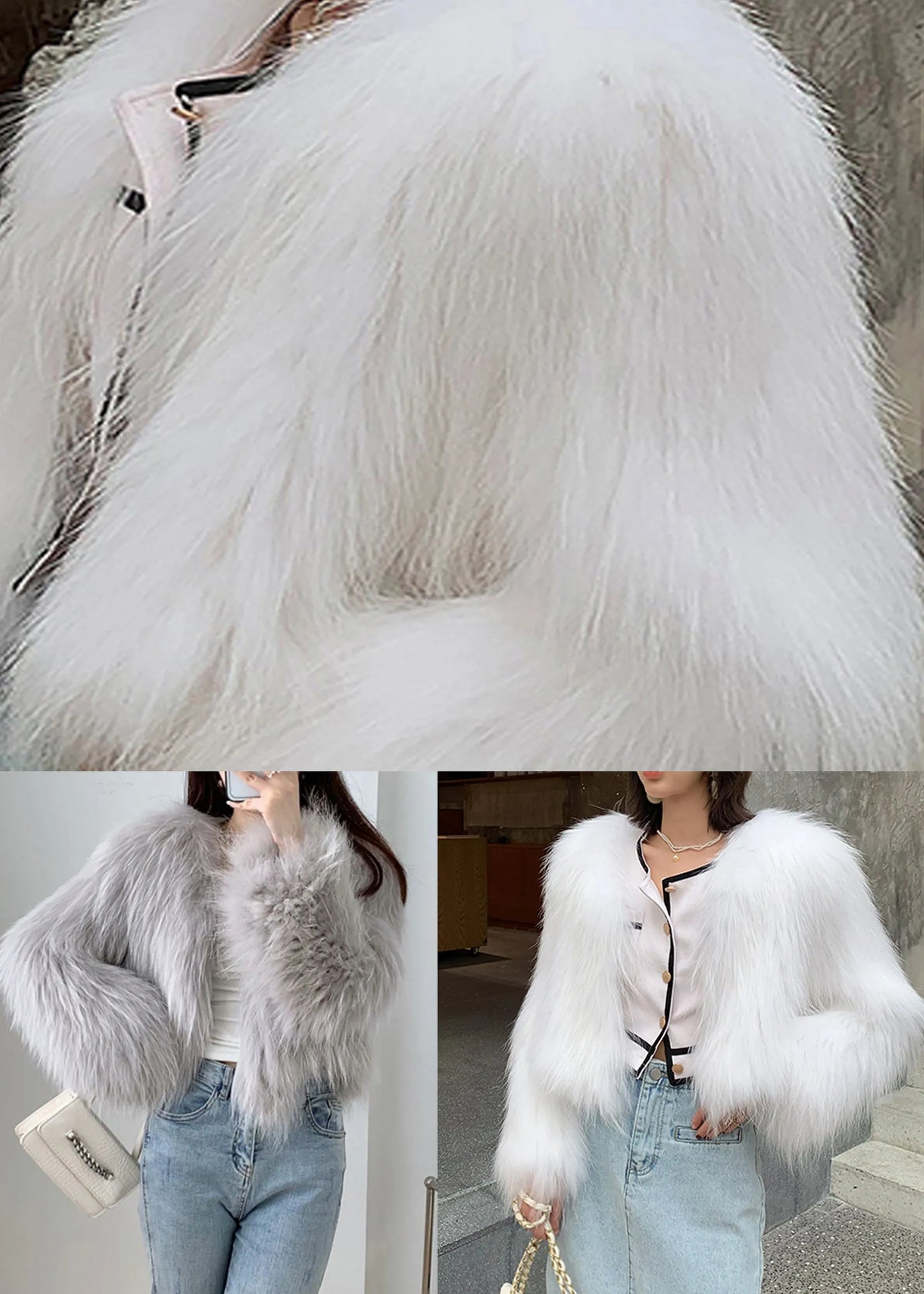 White Patchwork Faux Fur Coat V Neck Winter