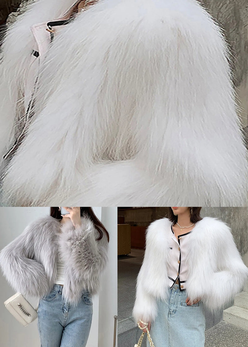 White Patchwork Faux Fur Coat V Neck Winter