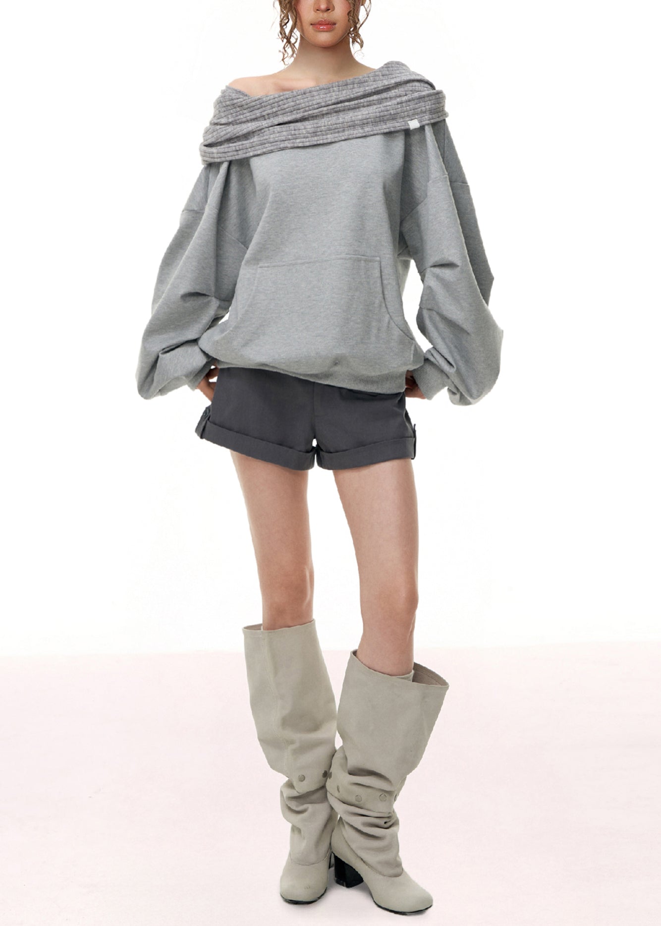 Grey Cold Shoulder Patchwork Cotton Sweatshirt Fall