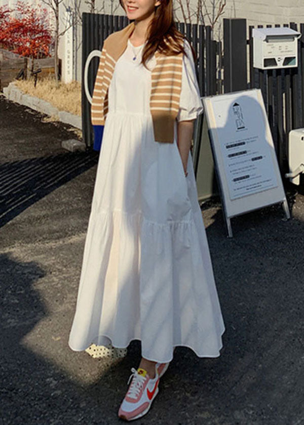 Cotton Color Puff Sleeve Pleated Simple Maxi Dresses With Pocket