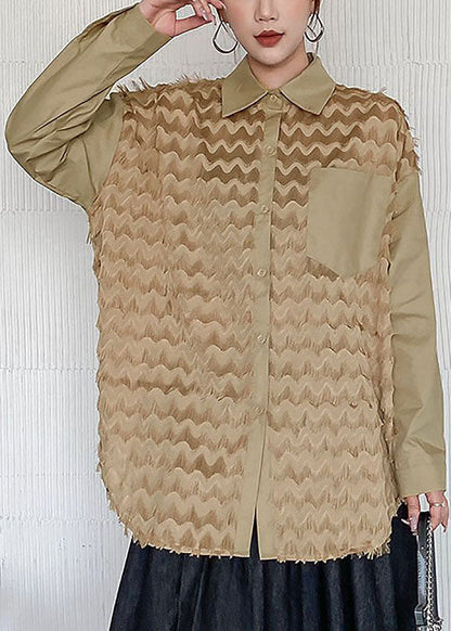 Khaki Peter Pan Collar Patchwork Tassel Cotton Blouses Spring