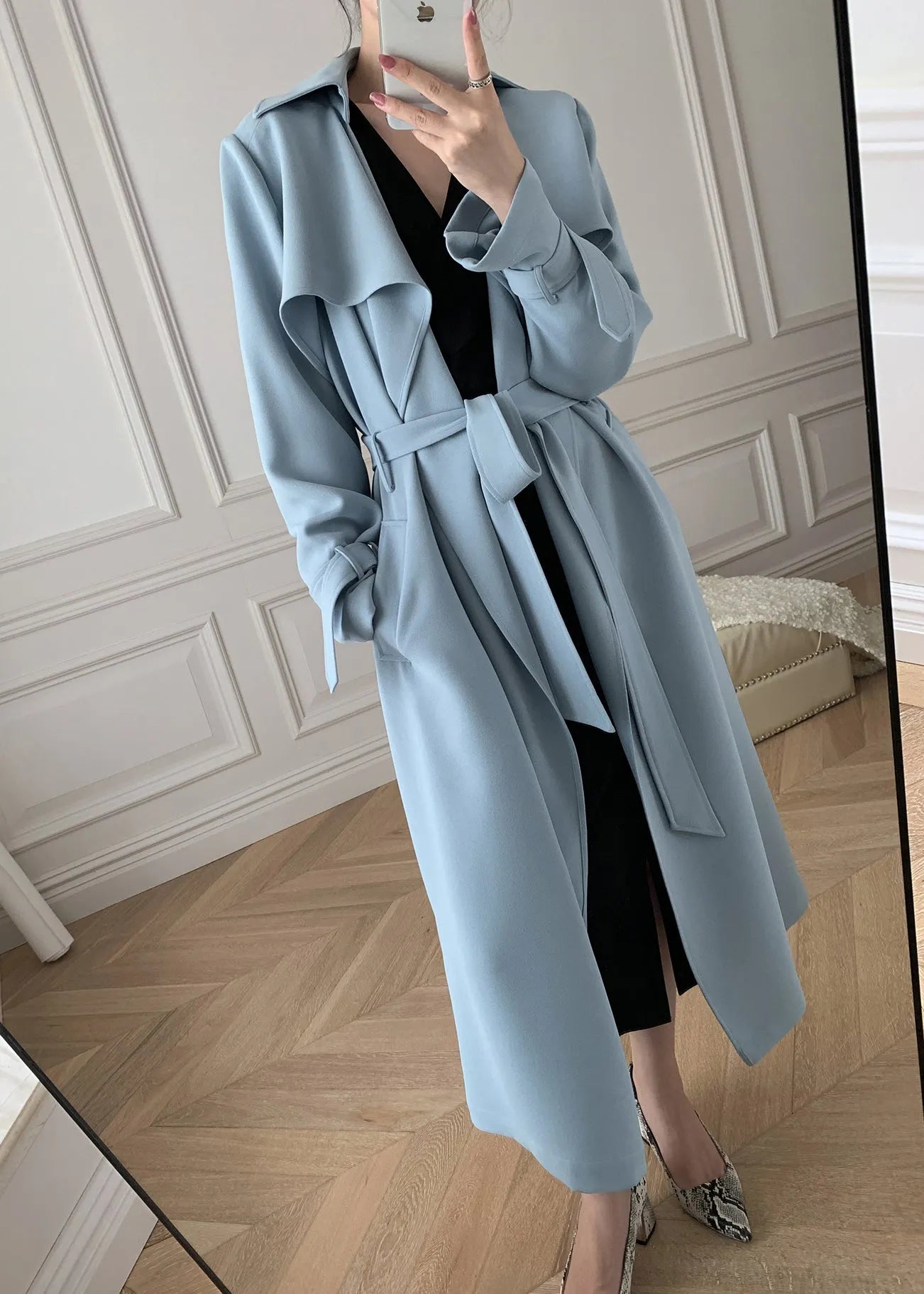 Boutique Blue Peter Pan Collar Pockets Trench Coats Long Sleeve Fall