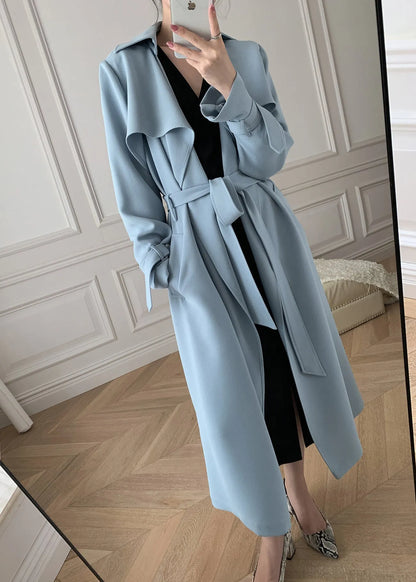 Boutique Blue Peter Pan Collar Pockets Trench Coats Long Sleeve Fall