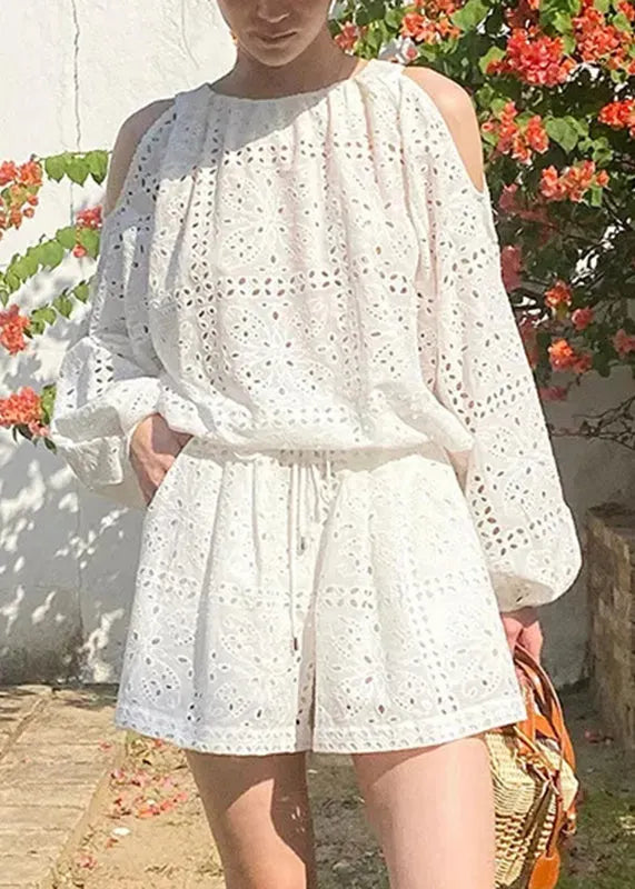 Boutique Beige Cold Shoulder Shirt and Shorts Cotton Two Pieces Set Summer