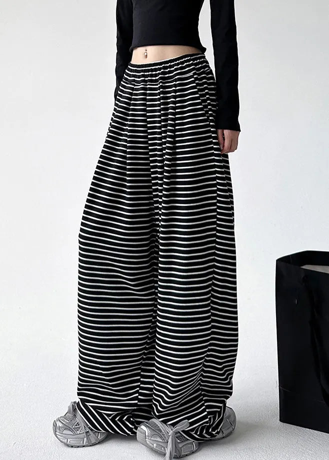 Black White Striped Elastic Waist Wide Leg Pants Spring