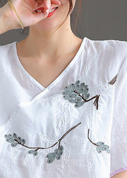 Fine White V Neck Embroideried Linen Top Short Sleeve