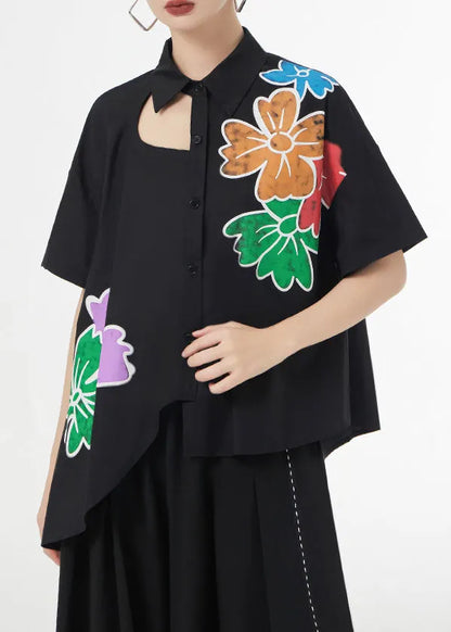 Black Asymmetrical Print Patchwork Cotton Shirts Short Sleeve