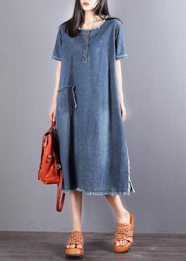 Blue Pockets Button Fall Denim Short Sleeve Party Dress