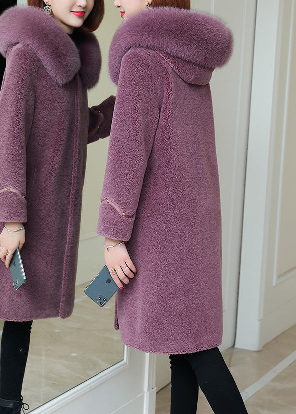 Purple Fox Collar Button Warm Fleece Woolen Coats Winter